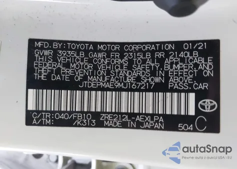 2021 Toyota Corolla Le from USA, damaged, VIN JTDEPMAE9MJ167217